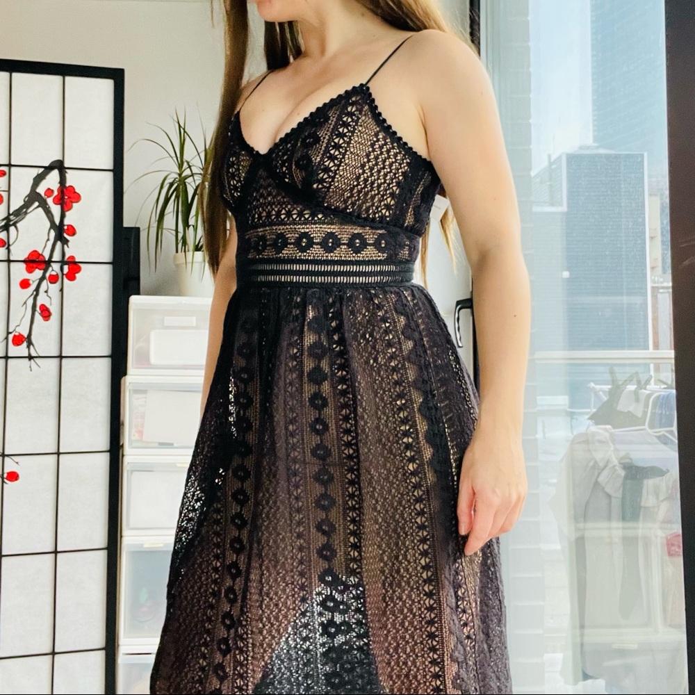 FOTINI KARAGIANNI CROCHET BOHO Mesh Woven Upper Black Shell Tan Strap Mini Dress